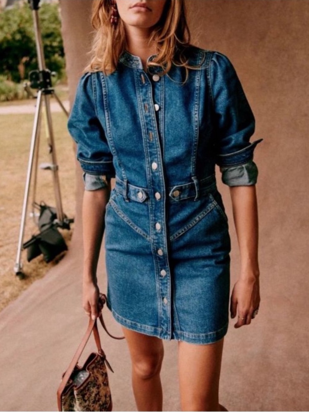 SEZANE NWT Blue Jean Long Sleeve Button Down Stretch Denim Alberta Mini Dress